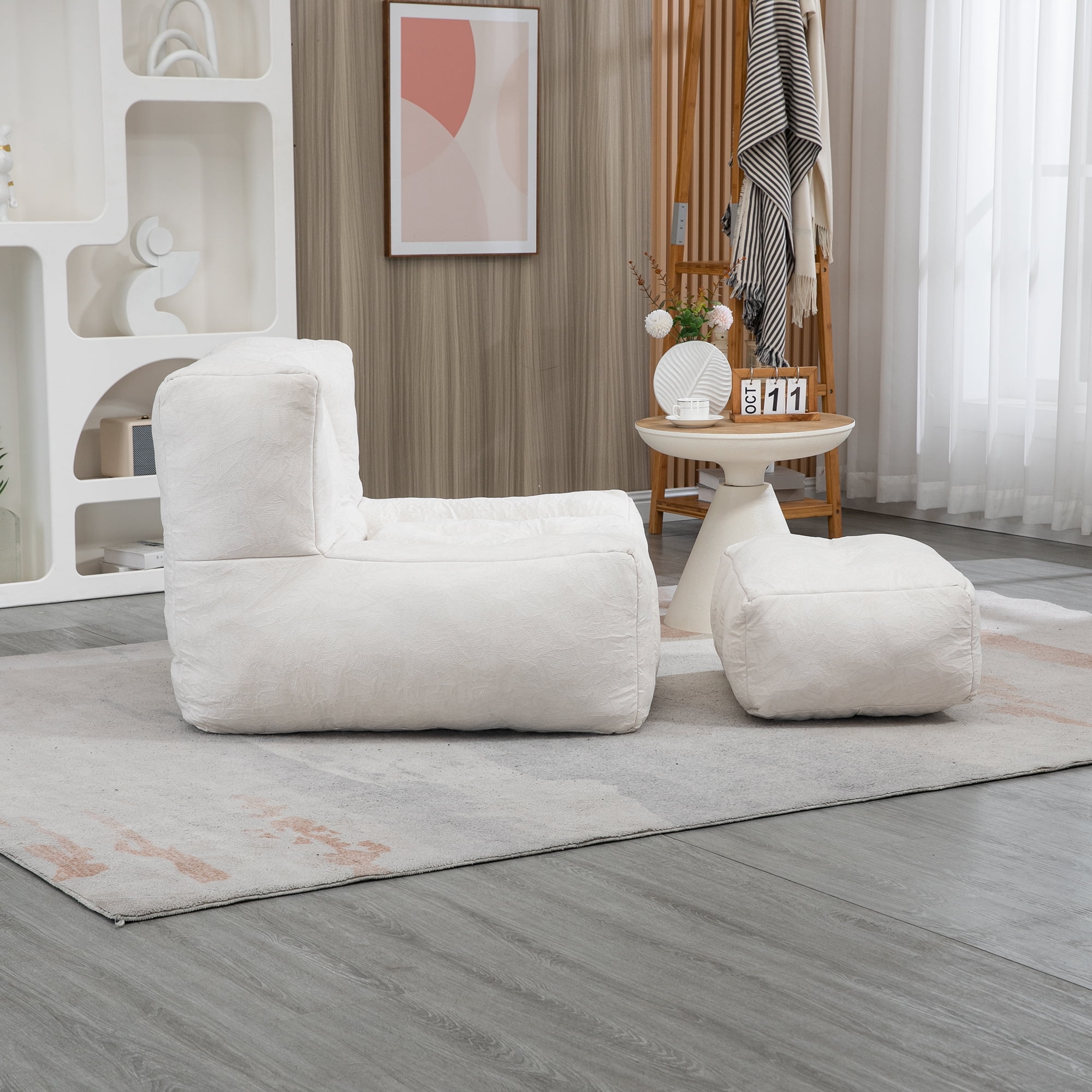 DEALTOPS Fluffy Bean Bag Chair with Ottoman for Adults & Teens, Super Soft Lazy Sofa Chair with Memory Foam for Living Room, Bedroom, Apartment-White