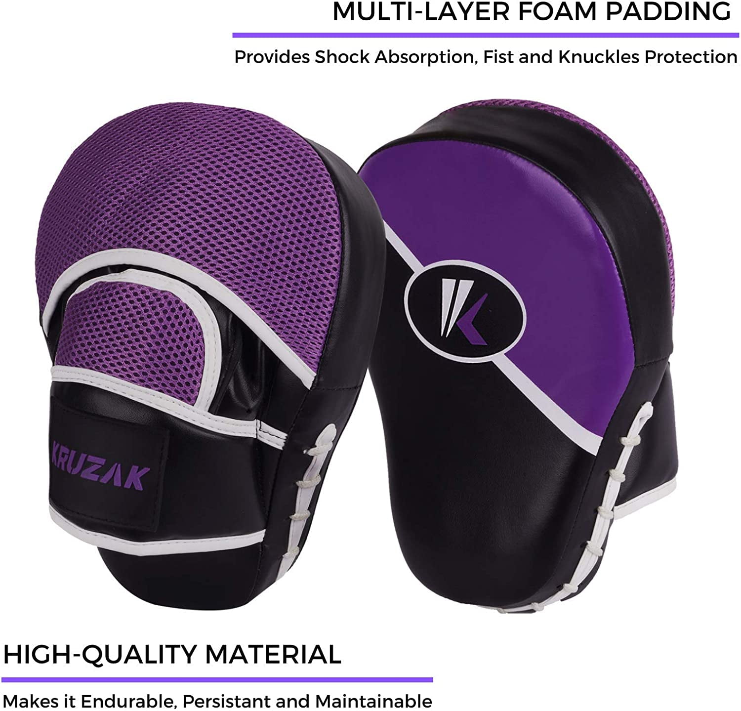 Kruzak Two-Tone Focus Mitts and Boxing Gloves Set for Kickboxing and Muay Thai MMA Training - Fitness Kit with Punching Pads for Martial Arts and Karate (Black/Purple, 16 oz)