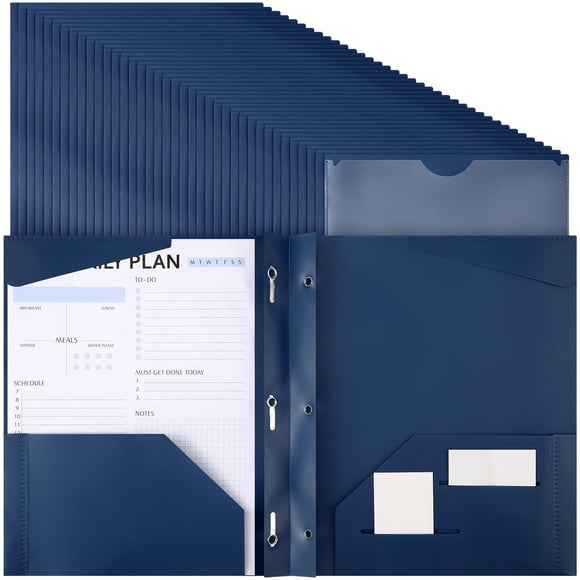 Tenceur 48 Pack Heavy Duty Folders with Clear Front Pockets and Card Slots, Fasteners for Letter-Size Papers (Navy Blue)