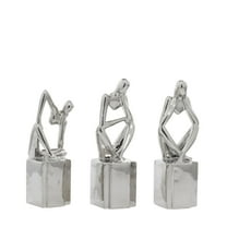 4"W, 13"H Silver Porcelain Ceramic Sitting Thinker People Sculpture, by CosmoLiving by Cosmopolitan (3 Count)