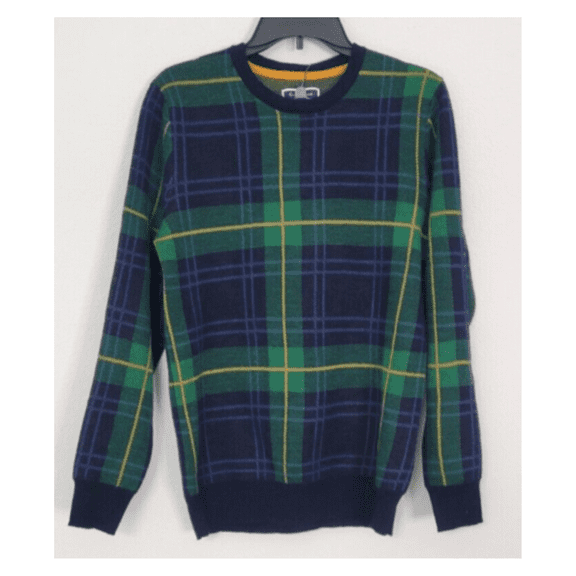 Club Room Mens  Merino Wool Blend Crew Easy Care Sweater, Blue/Green Plaid, XL