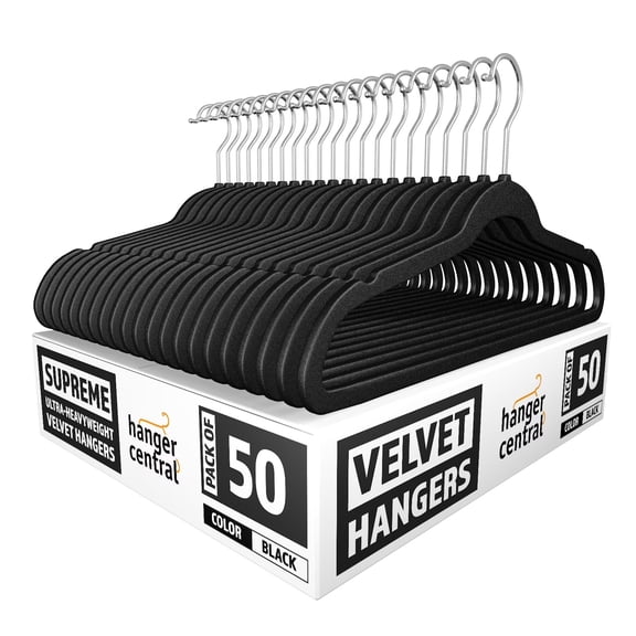 Hanger Central 50 pack 17 Inch Black Velvet Clothes Hangers with Swivel Hook