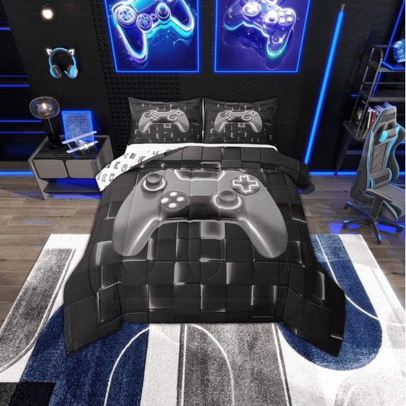 Erosebridal Gray Gamepad Comforter Sets Twin Size, Neon Light Geometric Square Comforters & Duvets, Gaming Bedroom Decor, Reversible 2pcs