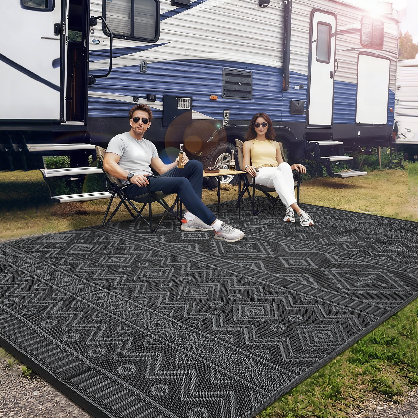 Garvee Outdoor Area Rug 8'x10' Waterproof Outdoor Carpet, Boho Plastic Straw Rug RV Mat for Picnic, Deck, Balcony, Beach, Patio, Black and Gray