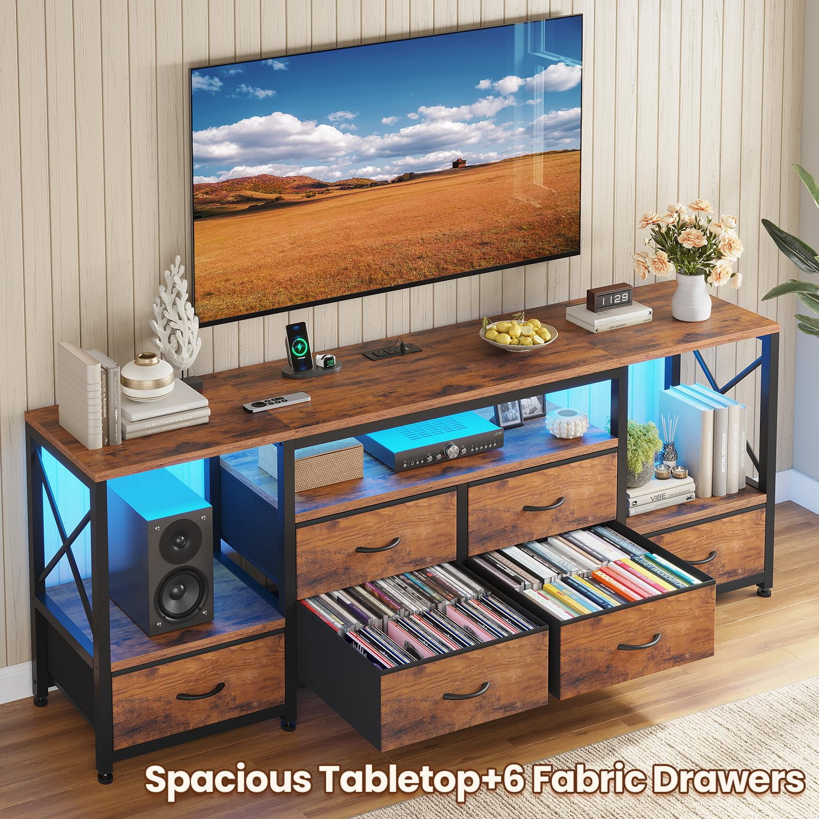 63" TV Stand for 75 Inch TV, Entertainment Center with LED Light & Power Outlets, TV Console Table with 6 Fabric Drawers & Shelves for Living Room Bedroom, Rustic Brown