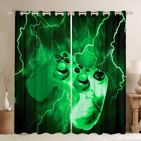 Homewish Green Gamepads Black Out Curtains for Kids Children Boys,Abstract Lightning Curtains Pack of 2 (42x63 Each),Video Game Bedroom Curtains,Super Cozy Room Decor
