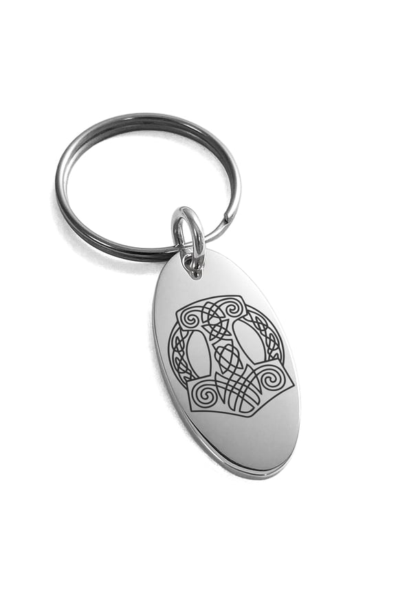 Stainless Steel Majesty Thor's Hammer Mjolnir Viking Engraved Small Oval Charm Keychain Keyring