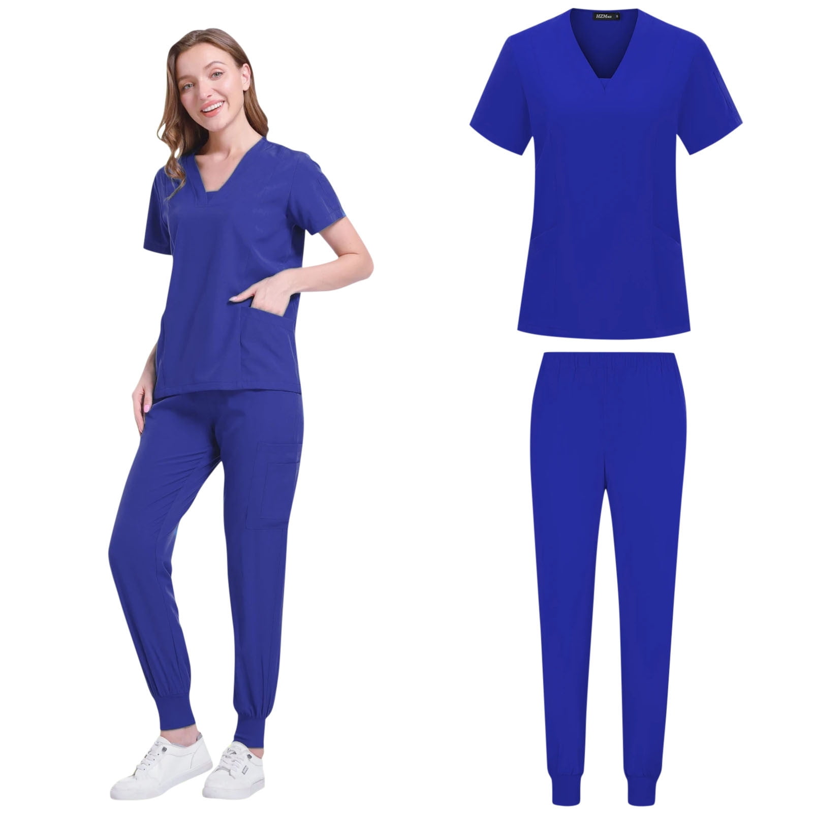 Women Athletic Scrub Set - Stretch V-Neck Top & Multi-Pocket Cargo Joggers, Easy Care Comfortable Nursing Workwear