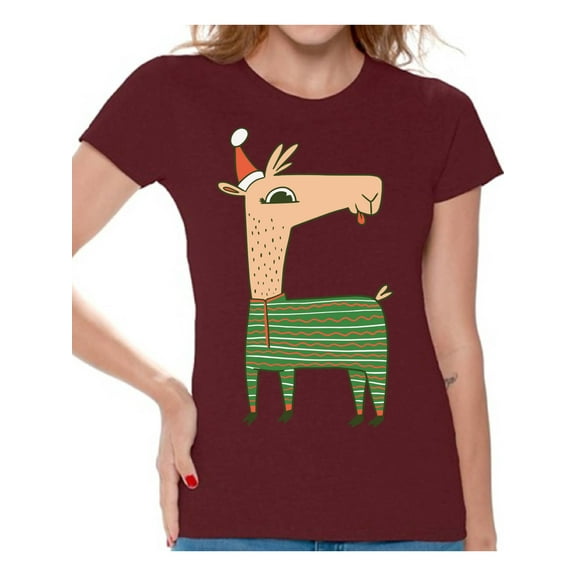 Awkward Styles Christmas Shirts for Women Xmas Llama in Santa's Hat Funny Pattern T-Shirt