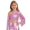 thumbnail image 2 of Hansber Girl's Jazz Hip Hop Dance Crop Top Long Sleeve Tassels Cold Shoulder Sequin Blouse Fringe Shirts Pink 6, 2 of 6