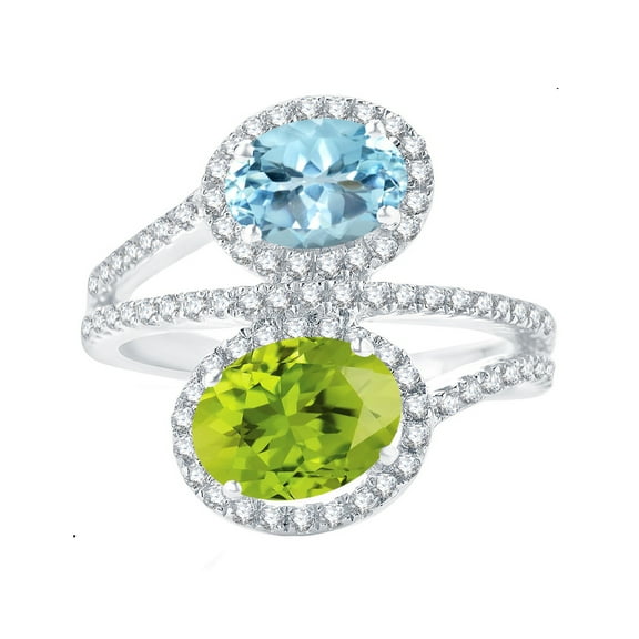 V3 Jewelry® 925 Sterling Silver with Natural Aquamarine, Peridot and White Topaz Bypass Ring for Women