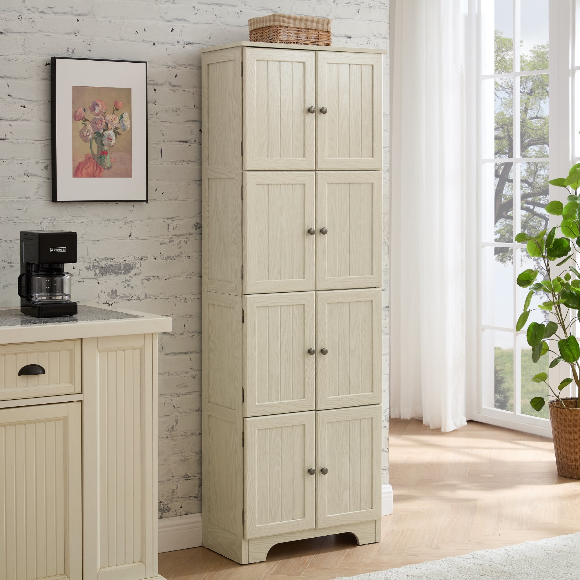 Leumius 72.4" Tall Storage Cabinet Tall Storage Cabinet with 8 Doors and 4 Shelves ,Bookshelf for Living Room, Kitchen, Dining Room, Office White