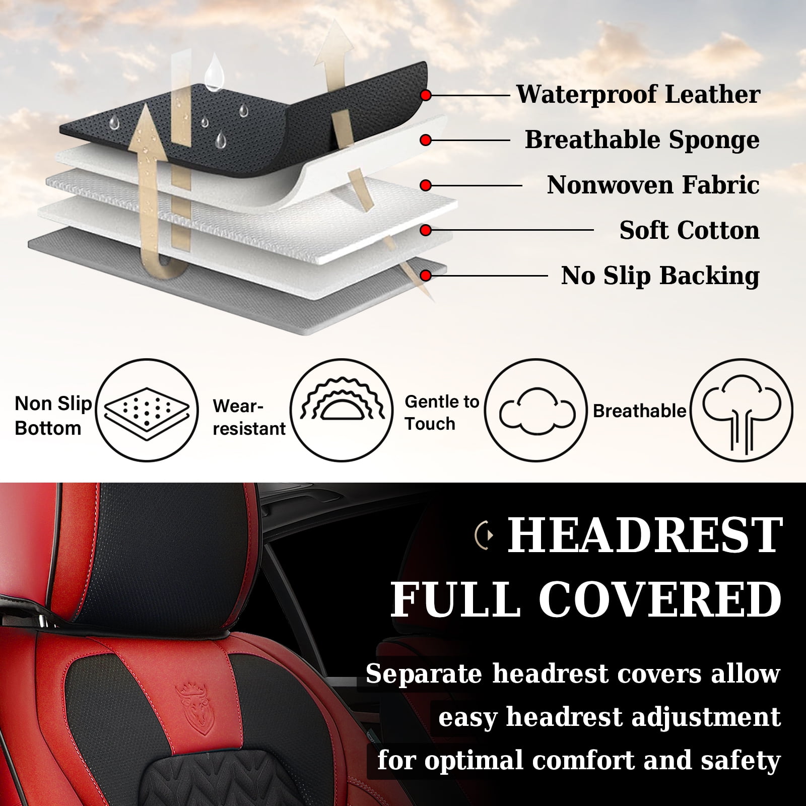 Coverado Black&Red Car Seat Covers Full Set, Faux Leather Seat Protectors with Embossed Grains, Front and Back Auto Cushions Universal Fit Most Cars, Sedans, SUVs and Trucks