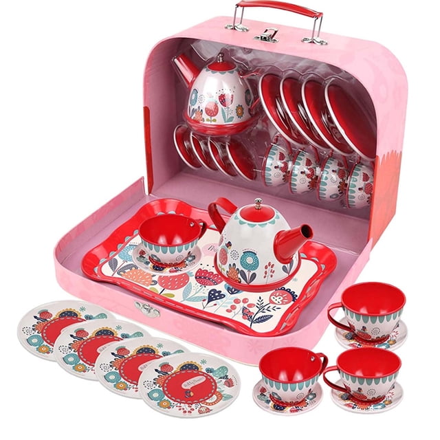 Juego de té Blateno para niñas pequeñas, juego de juguetes de princesa para la hora del té, tetera, platos, postre y estuche de transporte, juego de cocina de simulación, juego de té de hojalata,