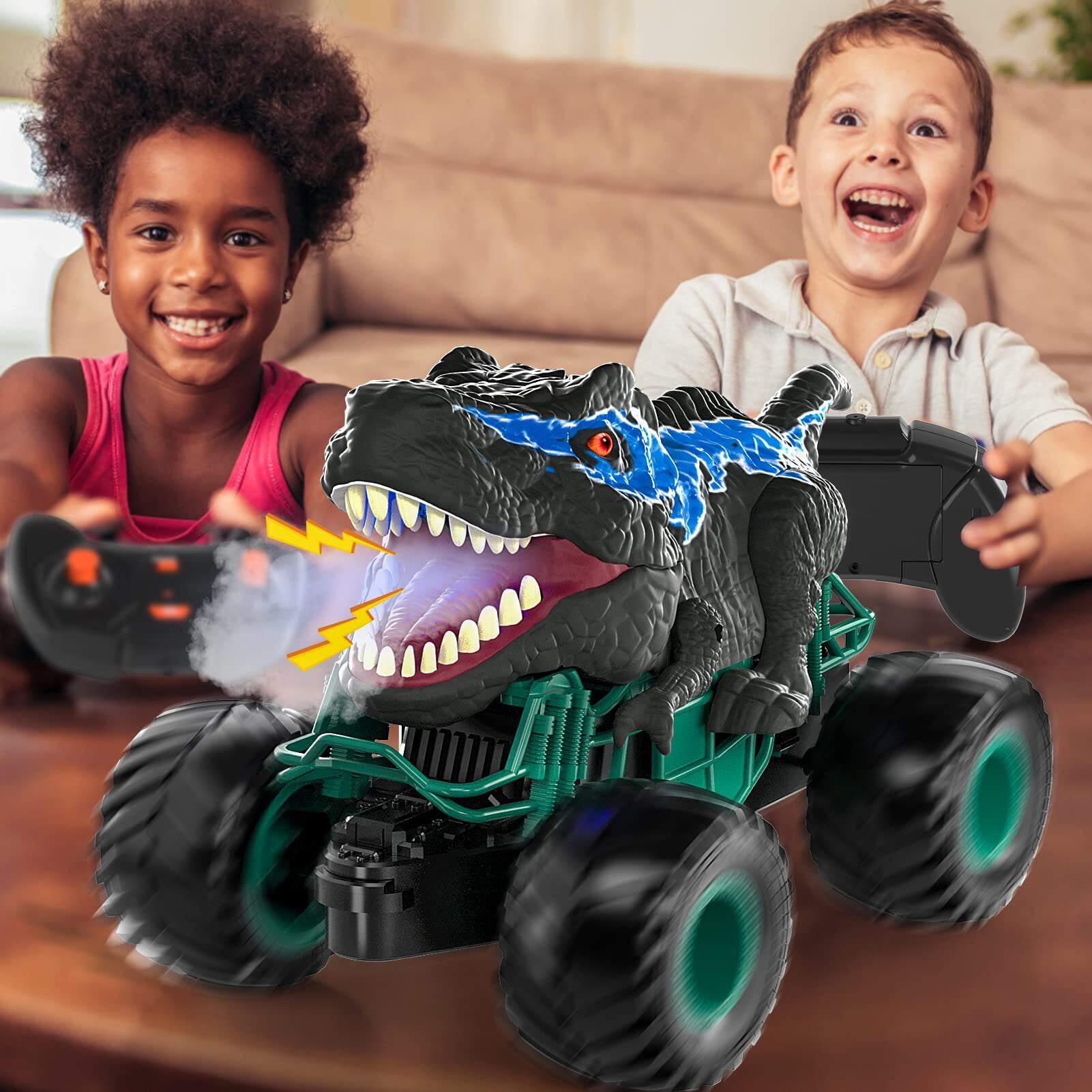 Flooyes Remote Control Dinosaur Car for Boys Kids Ages 3 4 5 6 7 8+ Years, 2.4ghz RC Dinosaur Truck for Toddlers, Electronic Rc Car with Light Sound & Spray All Terrain Car for 3 4 5 6-8 Kids