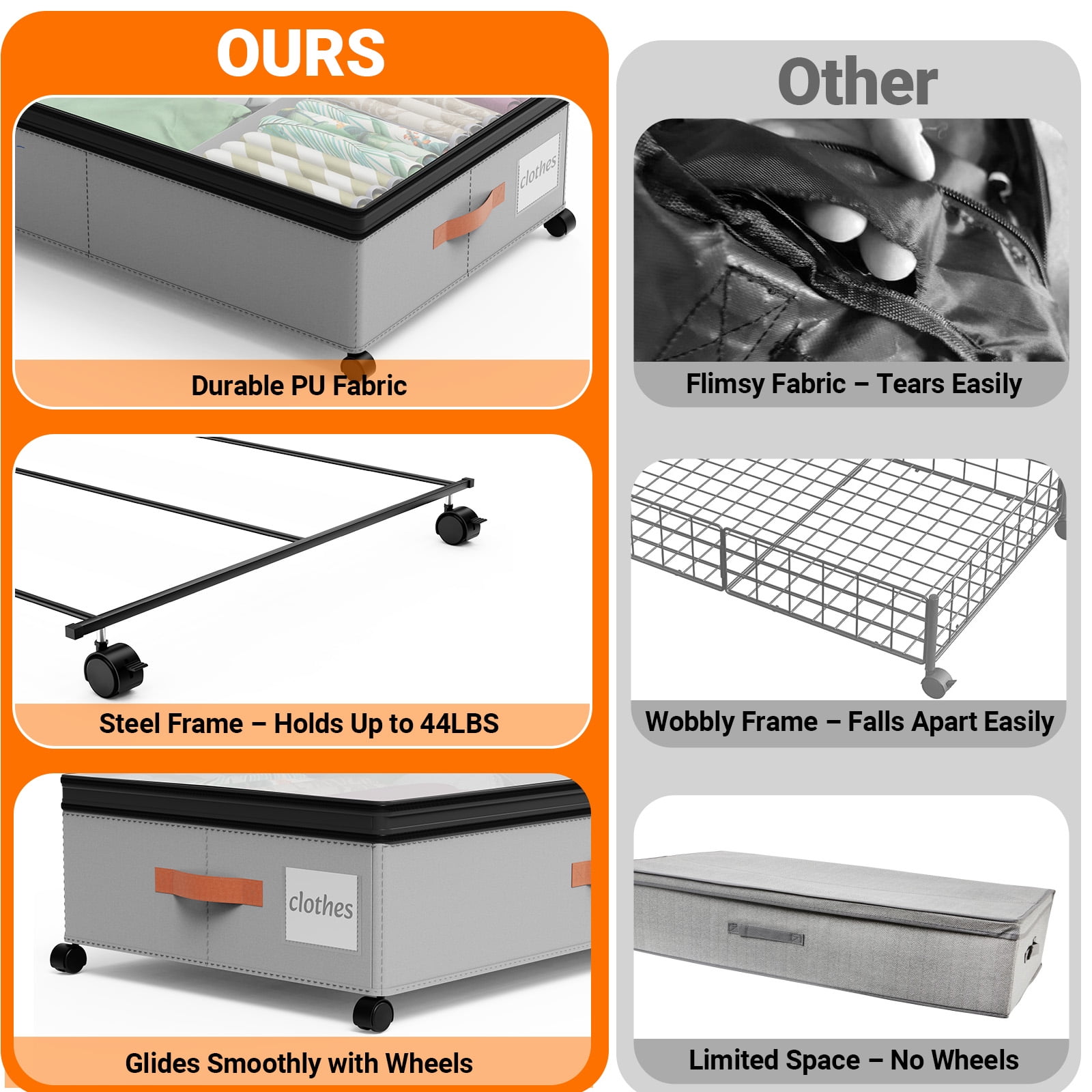 LIZEVINC 2-Pack Large Under Bed Storage with Wheels and Lids – Adjustable Height Rolling Storage Bins with Dividers, Space-Saving Underbed Organizer for Clothes, Shoes, Blankets（Gray）