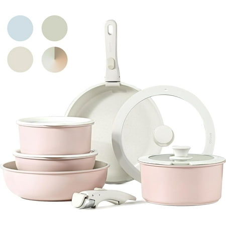 

11pcs Pots and Pans Set Nonstick Cookware Sets Detachable Handle Induction Kitchen Cookware Set Non Stick with Removable Handle Oven Safe RV Cookware Set Pink Granite