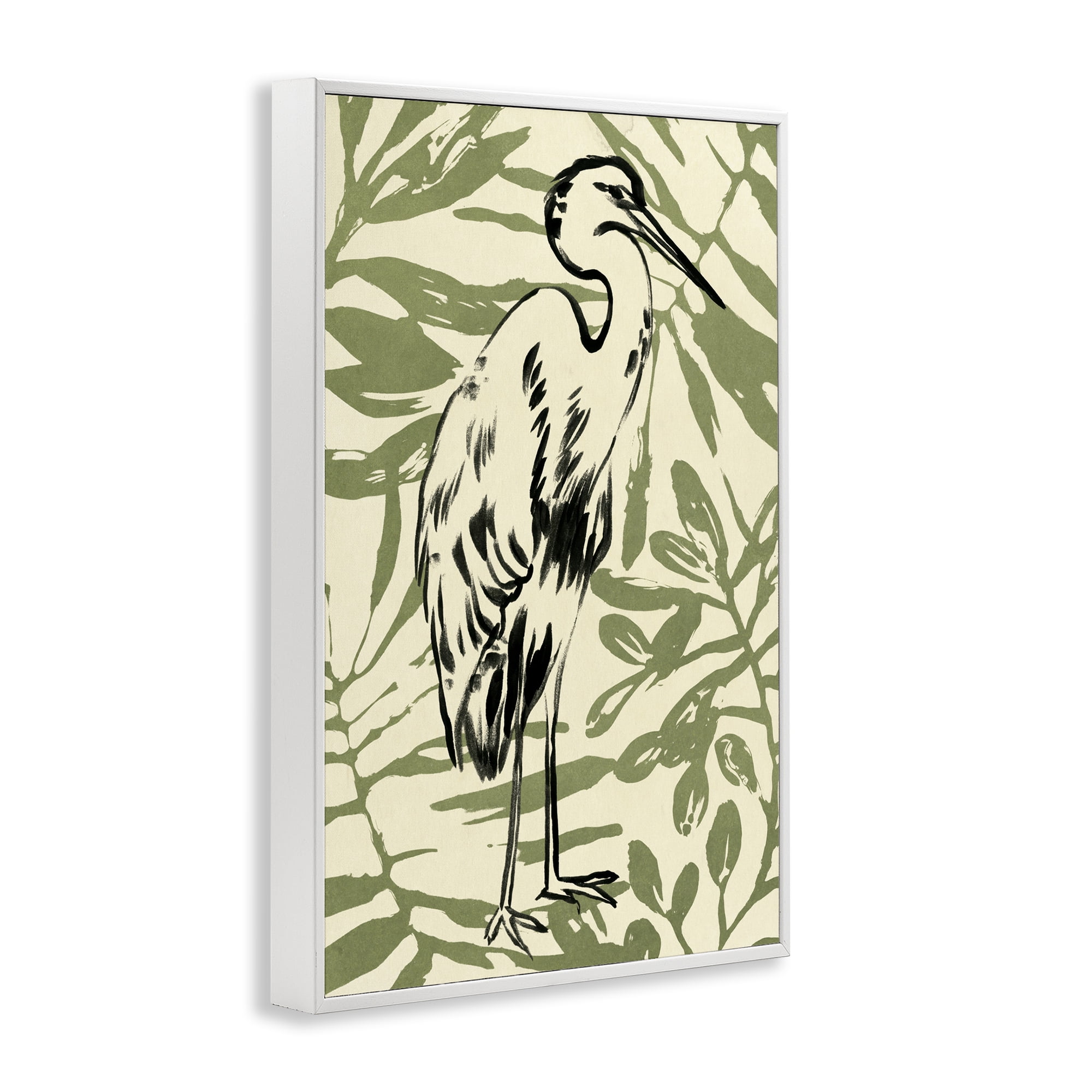 Stupell Industries Heron & Leaf Pattern Animals & Insects Painting White Framed Art Print Wall Art, 12 x 18