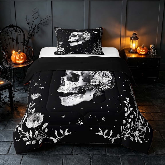 Homewish Sugar Skull Twin Comforter Sets, Celestial Stars Bedding Set, Black White, Black Reversible, 2 Pieces 1 Comforter and 1 Pillowcase