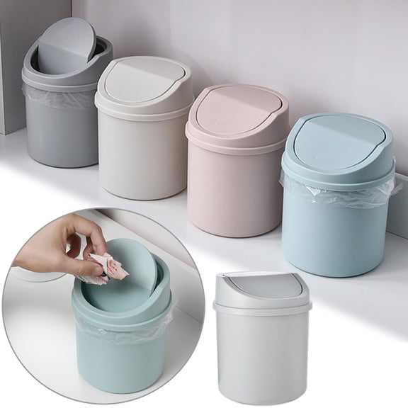 Modern Desktop Plastic Mini Trash Can with Swing Lid, Tiny Wastebasket for Bathroom Vanity, Tabletop or Coffee Table - Dispose of Cotton Rounds, Makeup Sponges, Tissues