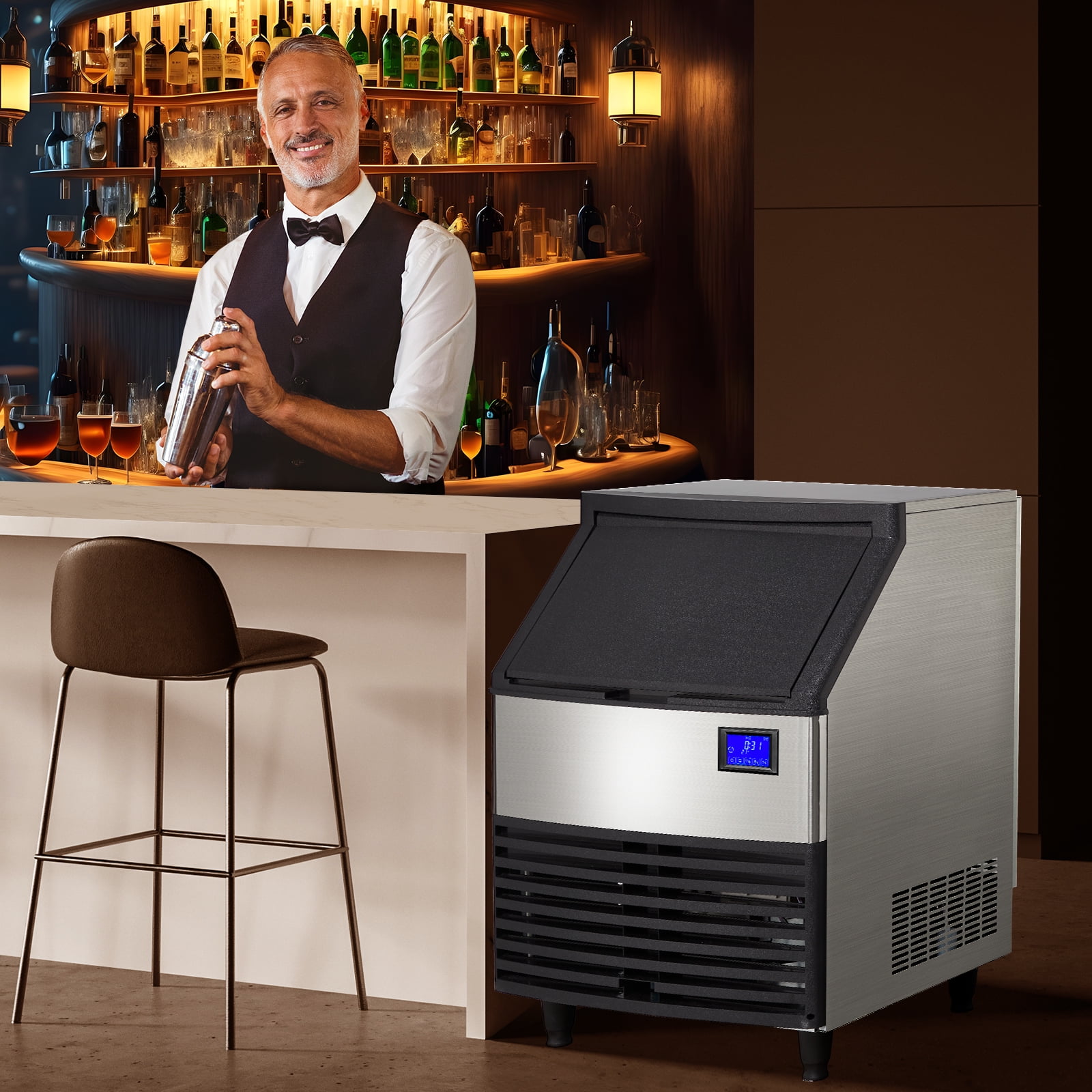 Commercial Ice Maker Machine 176LBS/24h with 99LBS Storage, Freestanding Ice Makers for Home Bar Restaurant Café, Stainless Steel Ice Cube Maker Machine LCD Panel