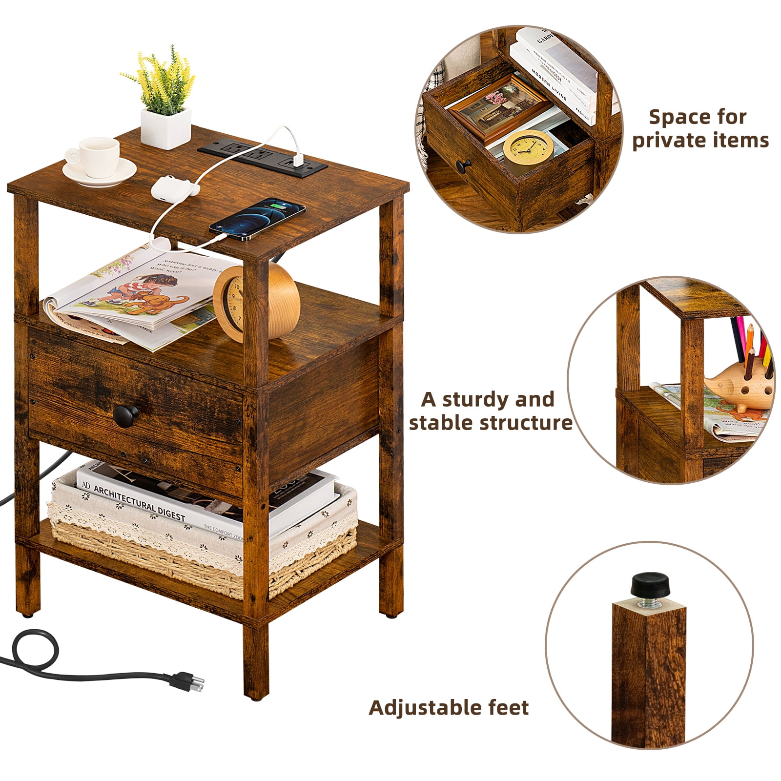 LEYAOYAO 3-Tier Side Table with Charging Station, End Table with 2 Outlets & 2 USB Ports, for Living Room, Rustic Brown