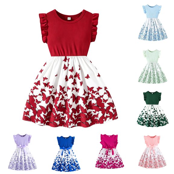 Sweet Girly Butterfly Print Dress for Big Kids, Polyester Ribbed Ruffle Fly Sleeve Summer Party Sundress(Blue120)