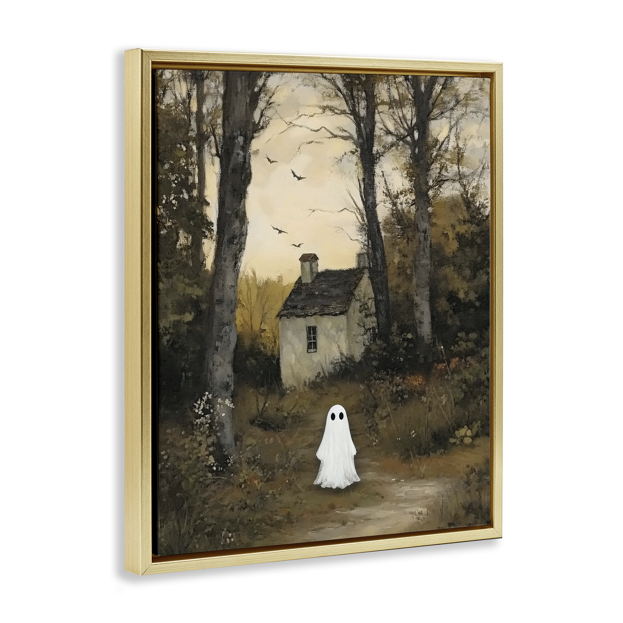 Little Ghost in Cottage Forest Gold Framed Floater Canvas Wall Art, design by Arlington Prints