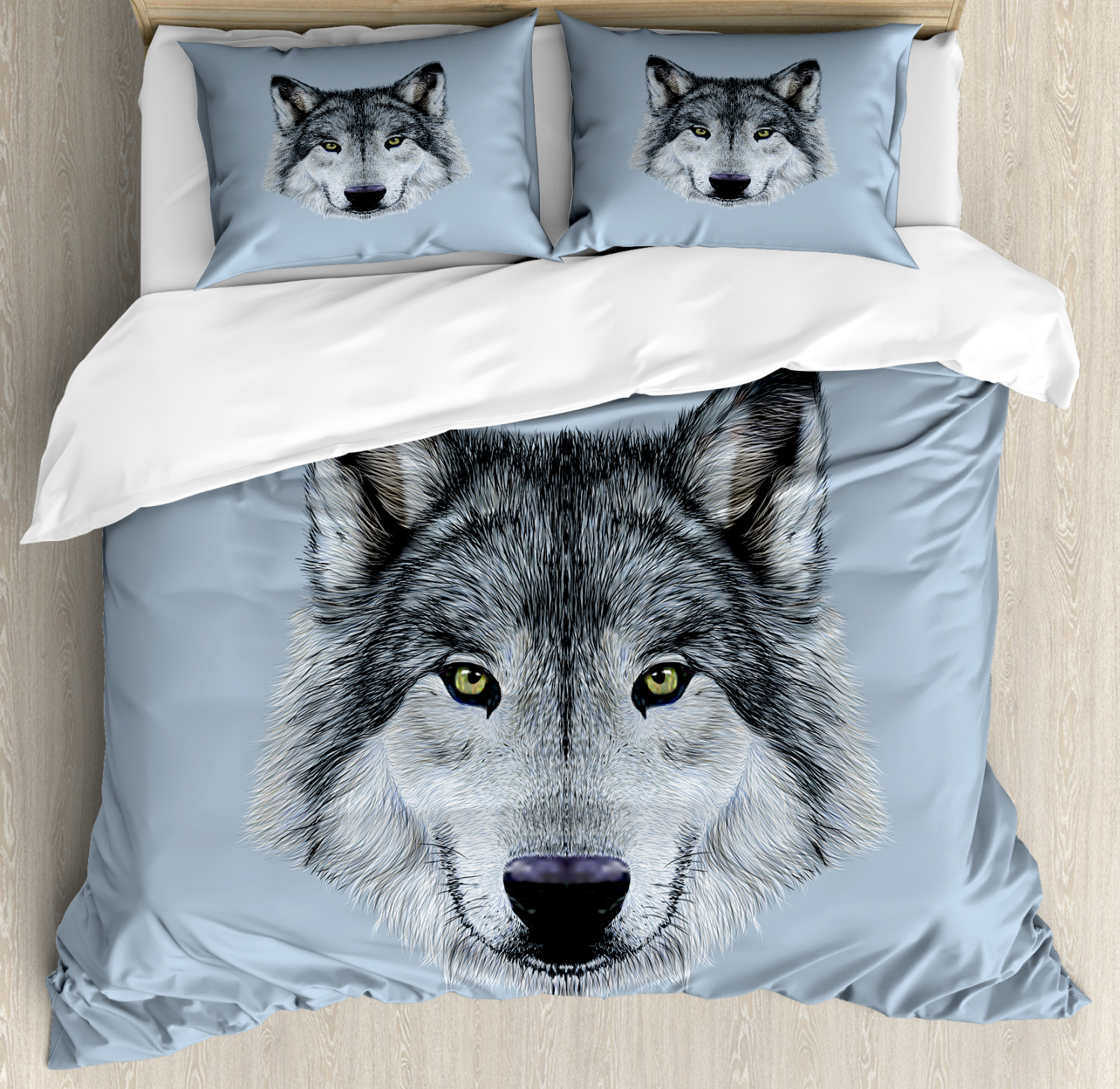 Wolf Duvet Cover Set, Wolf Portrait with Beautiful Gaze Sublime Animal Illustration Canine Beast