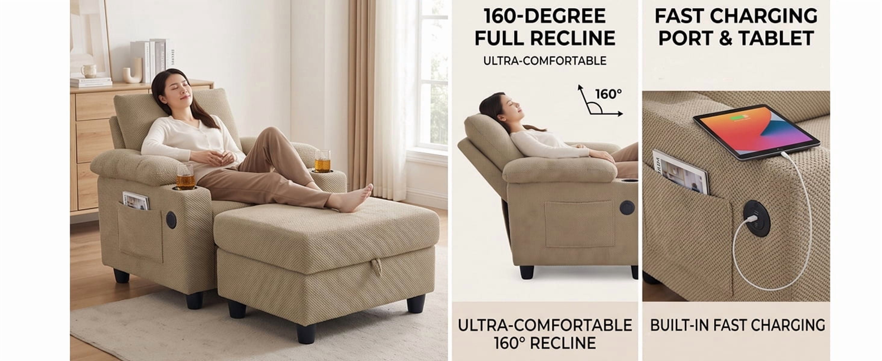 34" Accent Chair and Storage Ottoman Set, Reclining Sleeper Bed with Cupholders and USB-C Ports