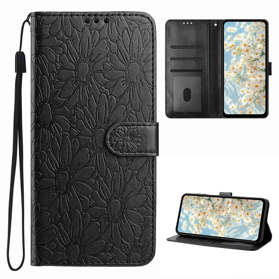 Wallet Case for Samsung Galaxy A07, Credit Card Holder & Cash Slot, Flower Pattern PU Leather Folio Kickstand Protective Shockproof Anti-Scratch Purse Phone Cover for Samsung Galaxy A07, Black