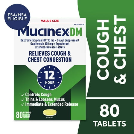 Mucinex DM 12 Hour Expectorant & Cough Medicine, Excess Mucus Relief & Cough Suppressant, 80 Tablets