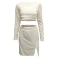 thumbnail image 5 of Two Piece Skirt Set for Women Temperament Long Sleeve Slim Solid Hollow Crop Top Slit Skirt Suit Summer Outfits for Women Beige L, 5 of 5