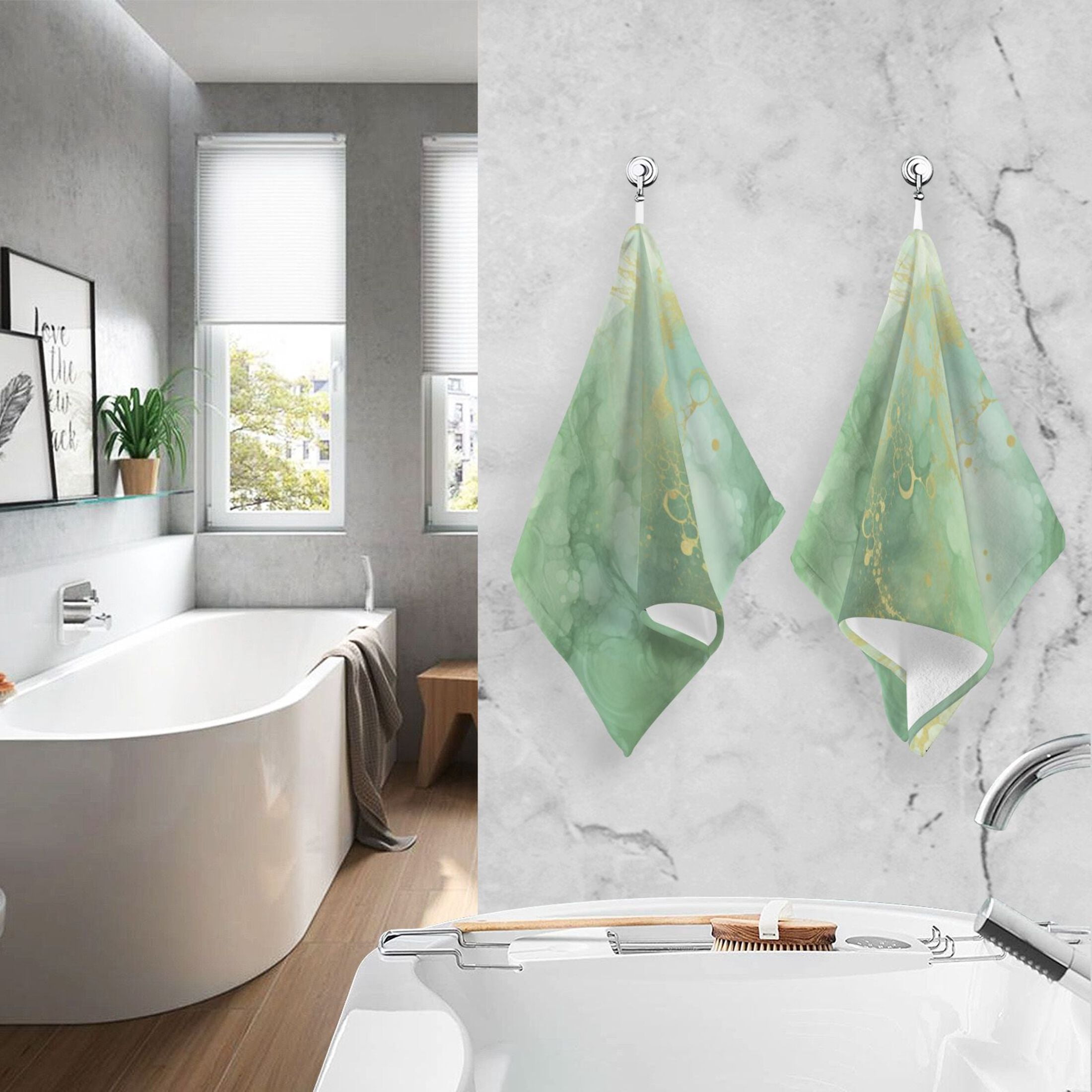Emerald Green and Gold Marble Hand Towel Set 2 Pcs Cotton Absorbent Soft Face Towels Bath Towels for Bathroom Kitchen Shower Hotel Decor 16"x28"