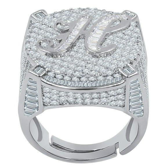 Mens Round Baguette Custom Designer Band White Gold Tone Simulated Diamond Initial Letter Alphabet "H" Ring