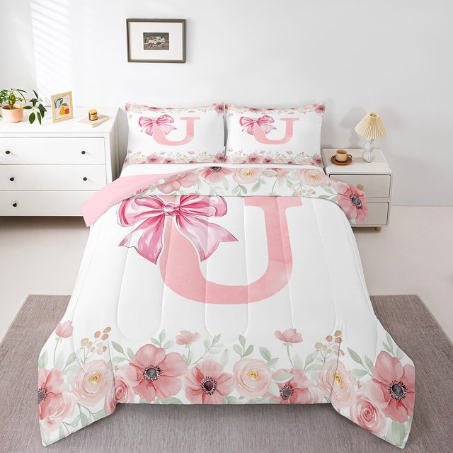 Erosebridal Initial Monogrammed Comforter Sets Queen Size,Floral Bowknot Bedding Queen Comforter Set,Letter Room Decorative,Reversible,Breathable,3 Pieces