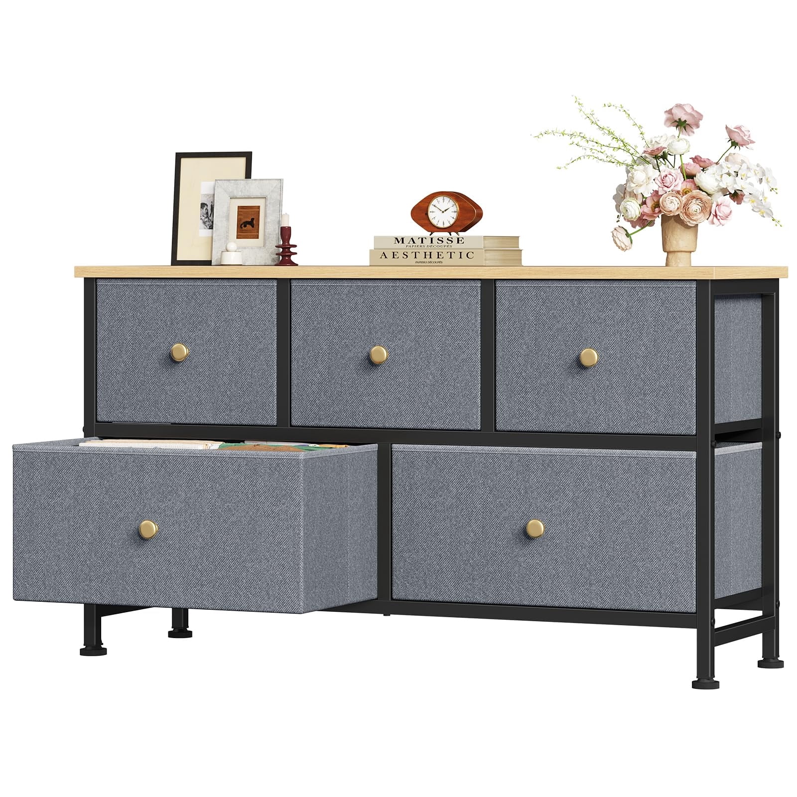 Telyra 5-Drawer Fabric Dresser TV Stand Organizer with Wood Top and Metal Frame, Greyish Blue