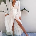 thumbnail image 2 of JIAYUE Womens Swimwear Cover-Ups Pure Color V Neck Lace Up Ankle Length Ruffle Hem Breathable Flowy Long Sleeve Beach Comfortable Vacation Swimsuit Cover Up Dresses, 2 of 5