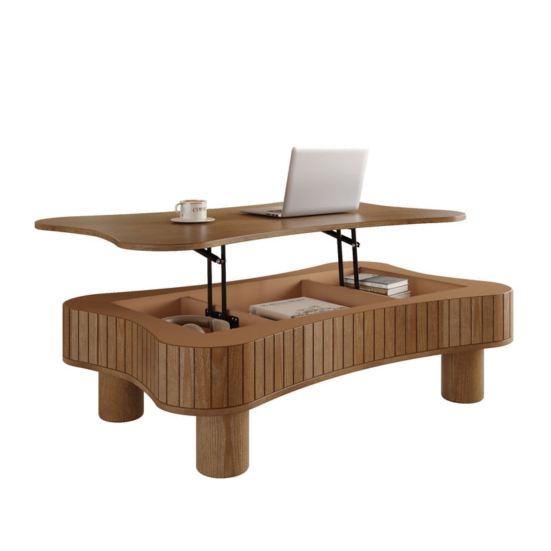 42" Lift Top Coffee Table with Hidden Storage, Fluted Panel Center Table with Hydraulic Lift, Rounded Corners, Wood Living Room Coffee Table for Small Spaces,Walnut