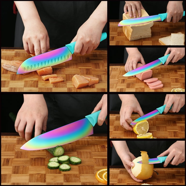 Marco Almond Kya37 6-Piece Kitchen Rainbow Knife Set with Sheath Dishwasher Safe Cutlery Set, Green