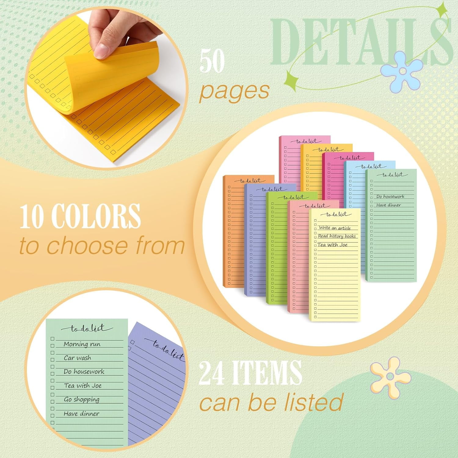 10 Pack 500 Sheets To Do List Notes Daily Checklist Notepads with 50 Sheets Each Undated Color Memo Pad Block Shopping List Pad Weekly Plan Notepad Organizer Planners(Bright Color,Lined)