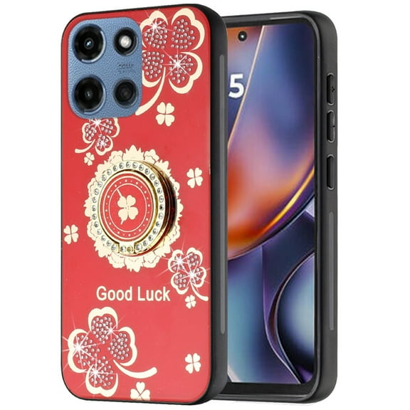 For Motorola Moto G 5G 2025 SPLENDID Diamond Glitter Ornaments Engraving Case Cover - Good Luck Floral Red