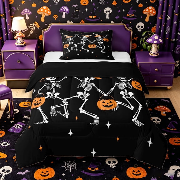 Manfei Halloween Gothic Skeleton Twin Comforter Sets 2pcs, Festival Pumpkin Bedding Set, Black Orange White,Black Reversible,1 Comforter and 1 Pillowcase