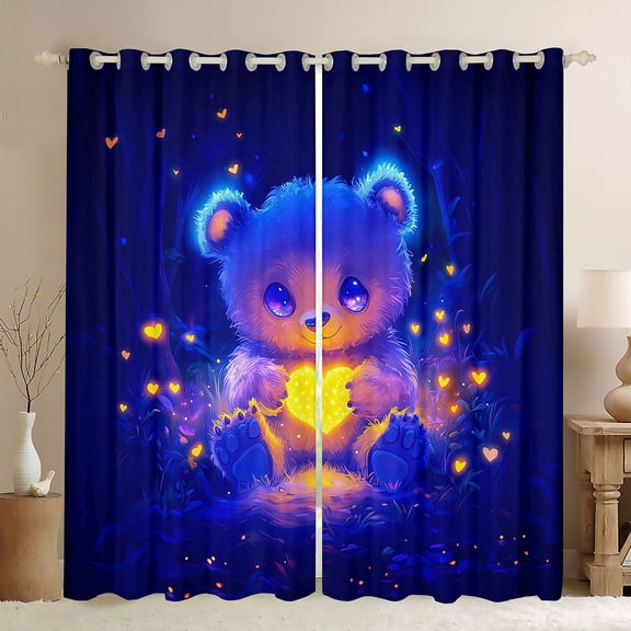 Erosebridal Cartoon Bear Doll Black Out Curtains, Glitter Love Heart Print Curtains Pack of 2 (42x63 Each)
