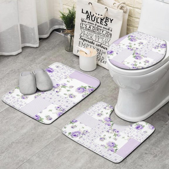 Pioneer Flower Floral Print Pattern Bathroom Rugs Sets 3 Piece,Toilet Cover Set,Absorbent Non Slip Bathroom Mats Sets with U-Shaped Contour Rug Toilet Rug Set