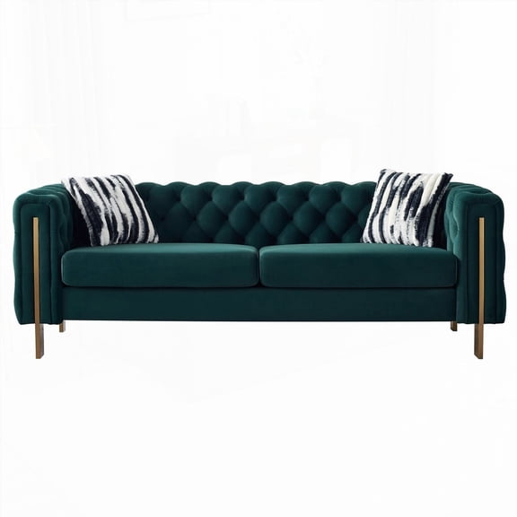 Modern Tufted Velvet Chesterfield Living Room Sofa 84.25''W with Green Color and Gold Metal Legs