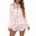 thumbnail image 4 of VONCOS Womens Silk Satin Pajamas Set- Two-Piece Nightwear Solid Color Short Sleeve and Shorts Loungewear Button Down Pockets Lapel Casual Sleepwear Pink Size M, 4 of 7