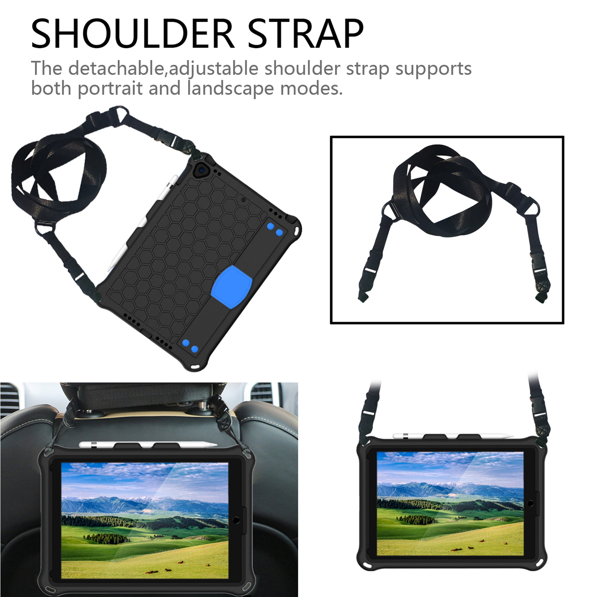 iPad 10.2 2021 Case with Screen Protector, Dteck Shockproof Case for iPad 9th Gen/ iPad 8th Gen / iPad 7th Gen with Removable Shoulder Strap/Hand Strap/Pencil Holder, Heavy Duty Rugged Case,Black/Blue