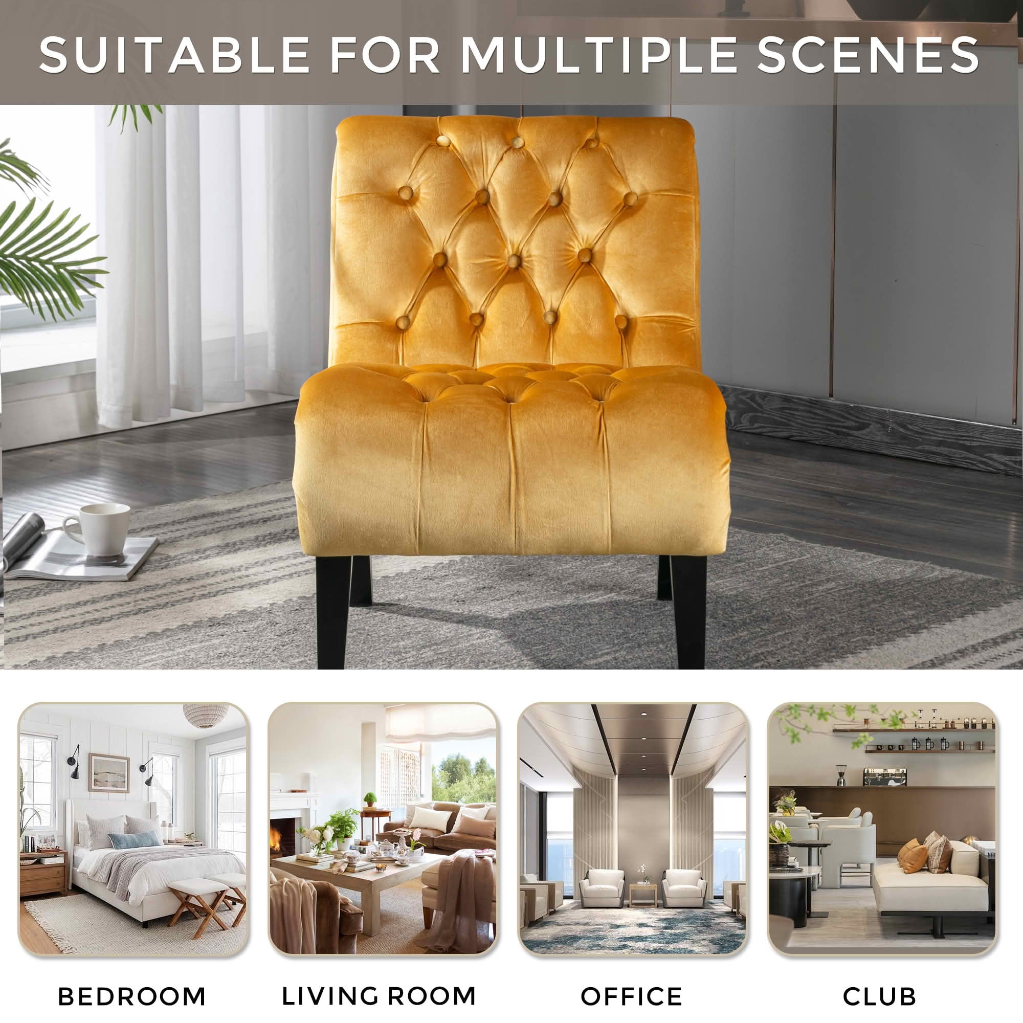 MAYEERTY 22.83-Inch Velvet Button Tufted Armless Accent Chair, Upholstered Leisure Side Chair with Wooden Legs for Bedroom Living Room Office