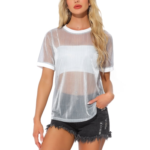 INSPIRAR CHIC Camiseta de Malla para Mujeres, Cubierta de Fiesta, Manga Corta, Transparente, Tops Sheer S Plata Blanca